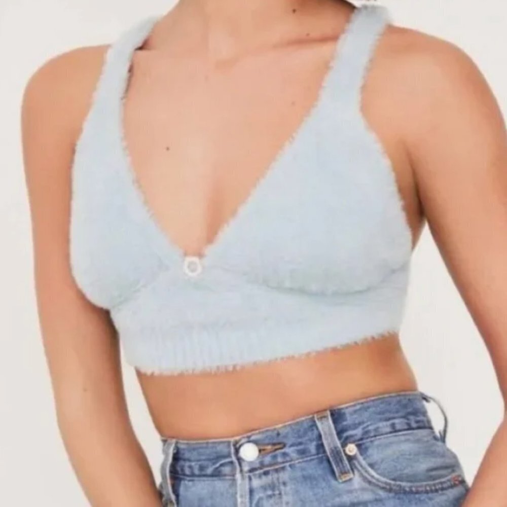 For Love & Lemons Blue Devon Faux Fur Crop Top sz XXS